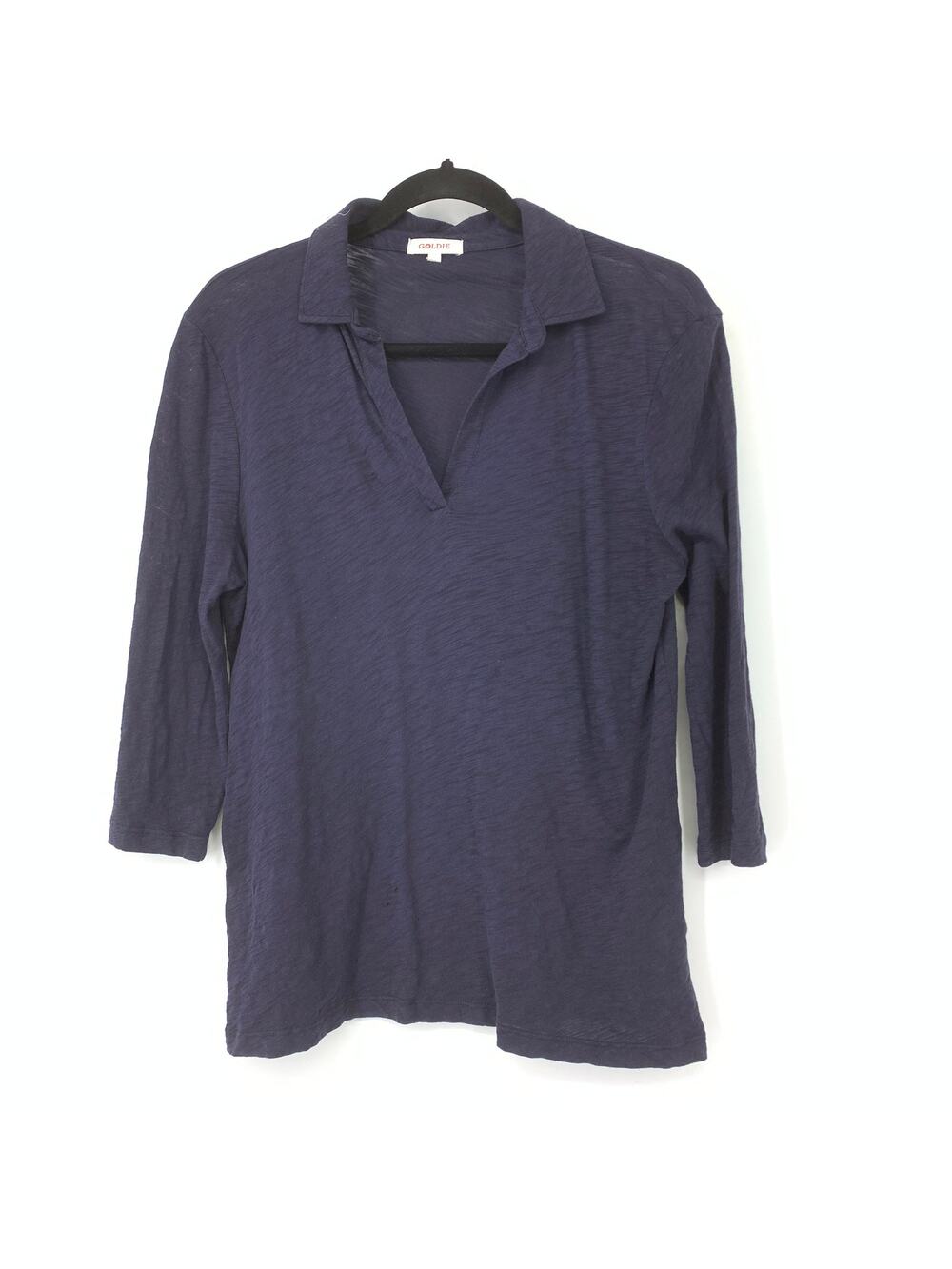 Goldie Shirt Women's Sz S Blue 3/4 Sleeve Slub Jersey Knit Polo Navy Blue
